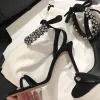 Modest / Simple Black Casual Womens Sandals 2020 Leather Rhinestone Ankle Strap Suede 9 cm Stiletto Heels Open / Peep Toe Sandals