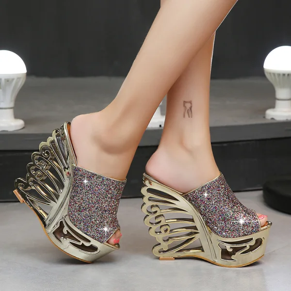 Amazing / Unique Silver Evening Party Womens Sandals 2020 Metal Sequins 15 cm Wedges Open / Peep Toe Sandals