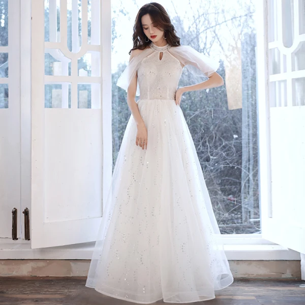 Charming Ivory Glitter Prom Dresses 2021 A-Line / Princess Scoop Neck Beading Sequins Lace Flower Short Sleeve Floor-Length / Long Formal Dresses