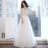 Charming Ivory Glitter Prom Dresses 2021 A-Line / Princess Scoop Neck Beading Sequins Lace Flower Short Sleeve Floor-Length / Long Formal Dresses