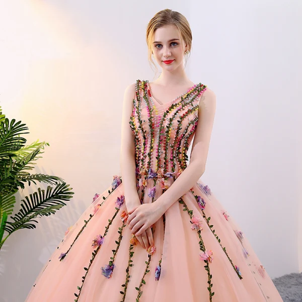 Flower Fairy Pearl Pink Prom Dresses 2018 Ball Gown Appliques Pearl V-Neck Backless Sleeveless Floor-Length / Long Formal Dresses