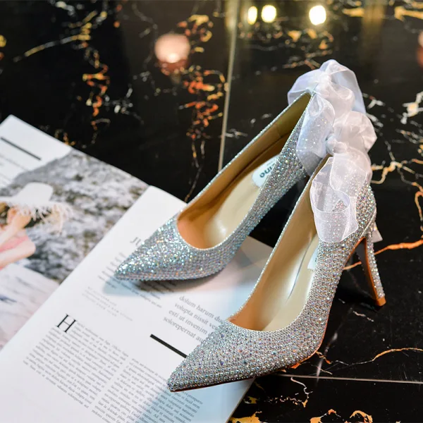 Charming Silver Wedding Shoes 2020 Bow Rhinestone 9 cm Stiletto Heels Pointed Toe Wedding Pumps