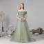 Classy Sage Green Evening Dresses  2020 A-Line / Princess Off-The-Shoulder Short Sleeve Backless Sweep Train Formal Dresses