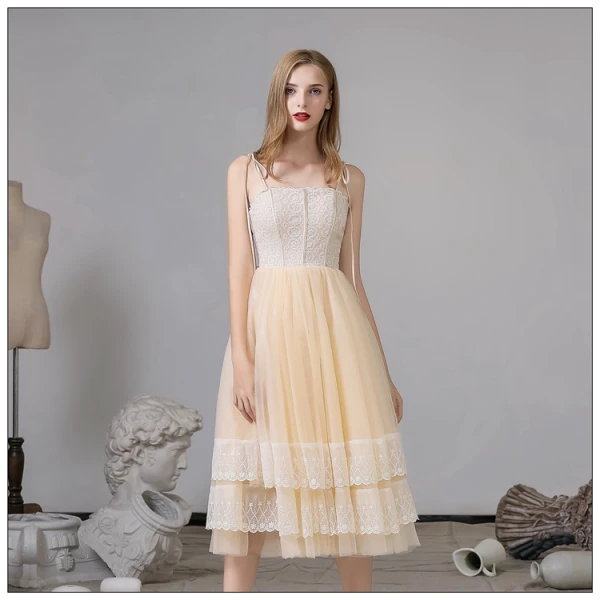 Fashion Champagne Homecoming Graduation Dresses 2020 A-Line / Princess Spaghetti Straps Lace Sleeveless Backless Tea-length Formal Dresses