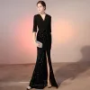Classy Black Evening Dresses  2020 A-Line / Princess Bow Satin Sequins V-Neck 1/2 Sleeves Floor-Length / Long Formal Dresses