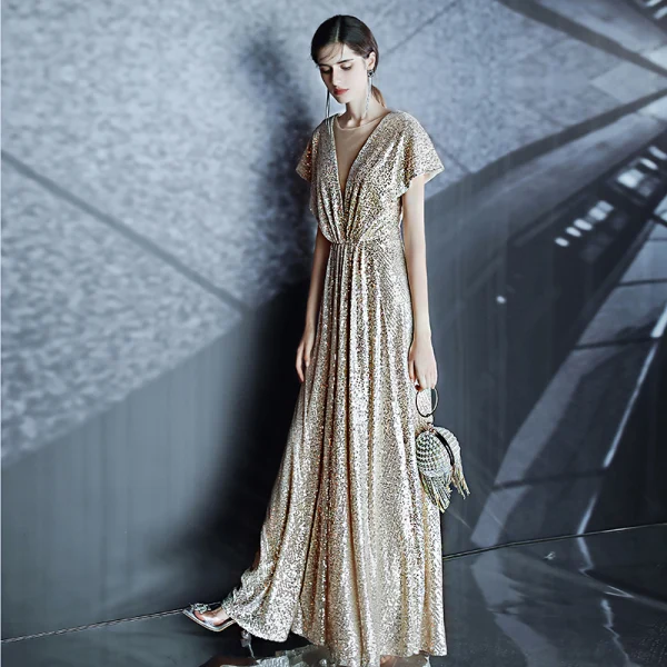 Scintillantes Doré Robe De Soirée 2020 Princesse Encolure Dégagée Paillettes Manches Courtes Dos Nu Longue Robe De Ceremonie