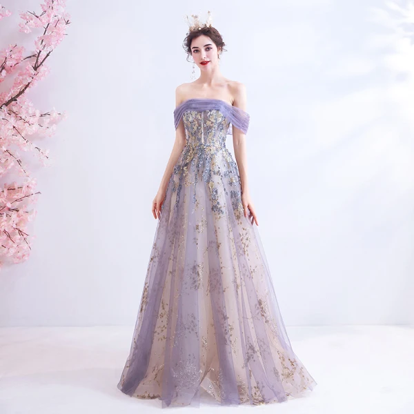 Charming Purple Prom Dresses 2020 A-Line / Princess Off-The-Shoulder Lace Flower Glitter Sequins Sleeveless Backless Floor-Length / Long Formal Dresses
