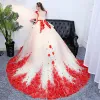 Stunning Champagne Red Prom Dresses 2018 Ball Gown Appliques Beading Scoop Neck Backless Sleeveless Chapel Train Formal Dresses