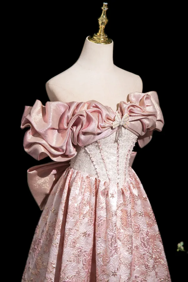 Lovely Blushing Pink Beading Pearl Sequins Printing Prom Dresses 2025 A-Line / Princess Off-The-Shoulder Short Sleeve Backless Bow Floor-Length / Long Prom Formal Dresses