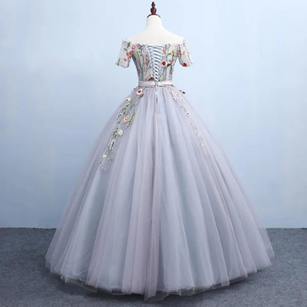 Chic / Beautiful Grey Quinceañera Prom Dresses 2018 Ball Gown Embroidered Bow Off-The-Shoulder Backless Short Sleeve Floor-Length / Long Formal Dresses