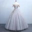 Chic / Beautiful Grey Quinceañera Prom Dresses 2018 Ball Gown Embroidered Bow Off-The-Shoulder Backless Short Sleeve Floor-Length / Long Formal Dresses