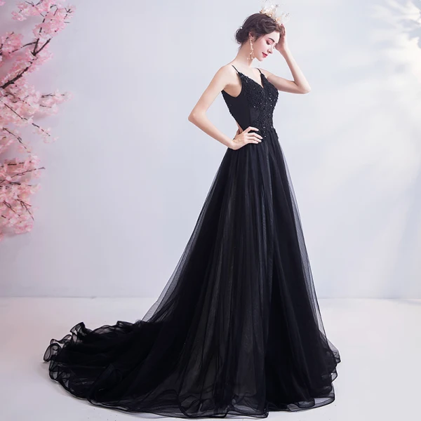 Chic / Belle Noire Robe De Bal 2020 Princesse Bretelles Spaghetti Perlage En Dentelle Fleur Sans Manches Dos Nu Train De Balayage Robe De Ceremonie