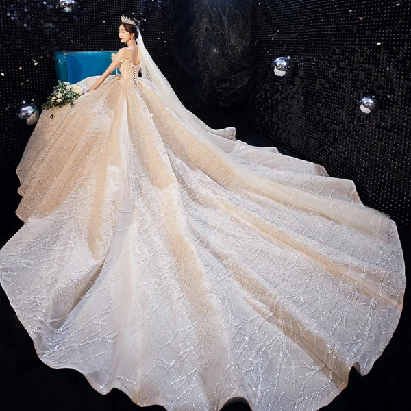 Luxury / Gorgeous Champagne Wedding Dresses 2020 Ball Gown Off-The-Shoulder Glitter Beading Sequins Lace Flower Sleeveless Backless Cathedral Train