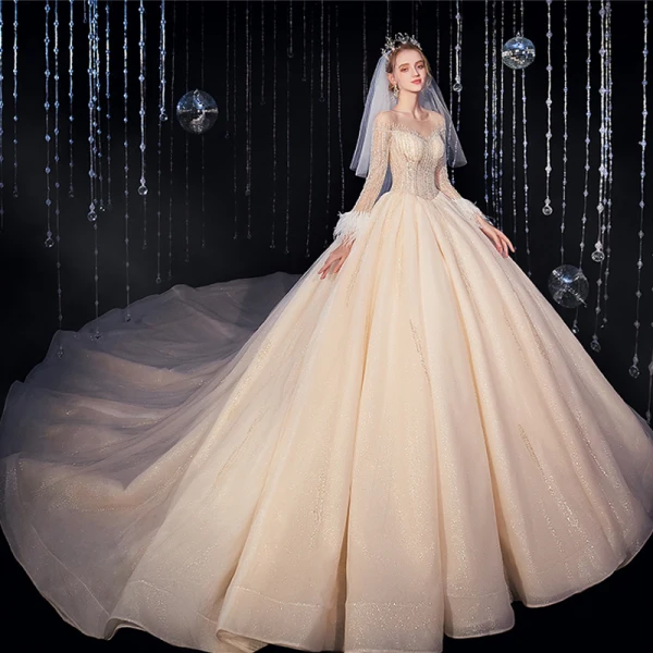 Luxury / Gorgeous Champagne Wedding Dresses 2020 Ball Gown Scoop Neck Beading Crystal Glitter Sequins Long Sleeve Backless Royal Train
