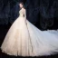 Luxe Champagne Robe De Mariée 2020 Robe Boule V-Cou Perlage Paillettes En Dentelle Fleur 1/2 Manches Dos Nu Royal Train