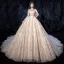 Luxe Champagne Robe De Mariée 2020 Princesse Encolure Dégagée Fait main Perlage Perle Paillettes En Dentelle Fleur Manches Courtes Dos Nu Royal Train