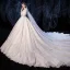 Luxury / Gorgeous Champagne Wedding Dresses 2020 A-Line / Princess V-Neck Beading Sequins Lace Flower 3/4 Sleeve Royal Train