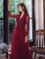 Elegant Burgundy Evening Dresses  2020 A-Line / Princess V-Neck Beading Sequins Lace Flower Long Sleeve Backless Floor-Length / Long Formal Dresses