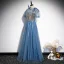 Fabuleux Océan Bleu Perlage Paillettes Robe De Bal 2021 Princesse Col Haut Manches Courtes Dos Nu Perle Longue Robe De Ceremonie
