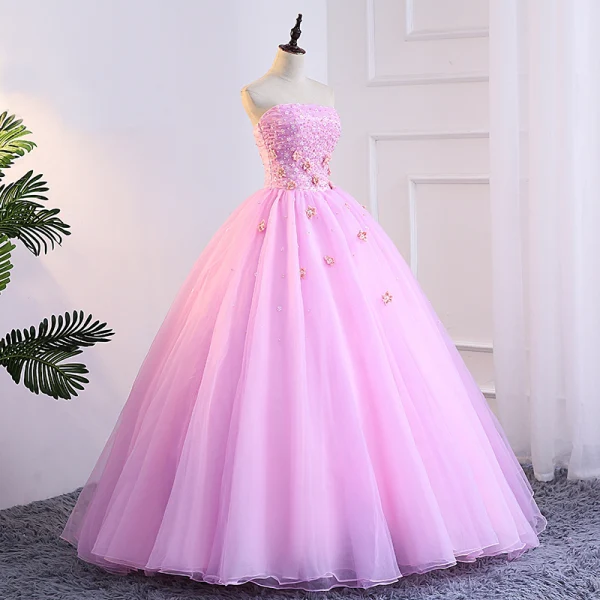 Chic / Beautiful Candy Pink Prom Dresses 2018 Ball Gown Appliques Pearl Strapless Backless Sleeveless Floor-Length / Long Formal Dresses