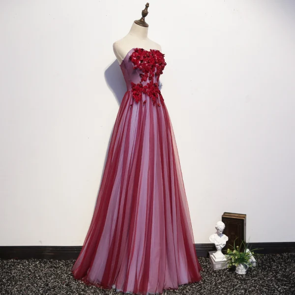 Chic Bordeaux Robe De Soirée 2020 Princesse Bustier Cristal Appliques En Dentelle Fleur Sans Manches Dos Nu Longue Robe De Ceremonie