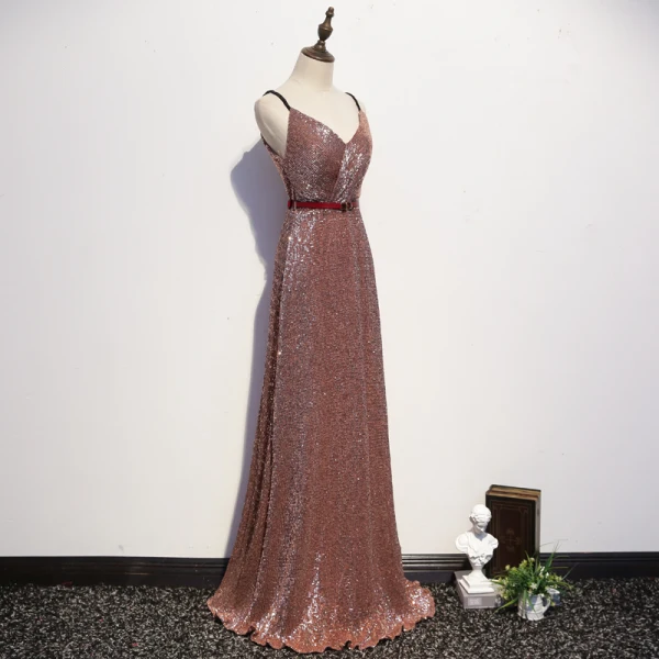 Sexy Scintillantes Or Rose Robe De Soirée 2020 Princesse Bretelles Spaghetti Paillettes Noeud Sans Manches Dos Nu Longue Robe De Ceremonie
