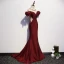 Chic / Belle Bordeaux Robe De Soirée 2020 Trompette / Sirène Encolure Dégagée Perlage Gland Cristal Faux Diamant Manches Courtes Dos Nu Train De Balayage Robe De Ceremonie