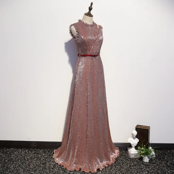 Sparkly Rose Gold Evening Dresses  2020 A-Line / Princess Scoop Neck Sash Sequins Sleeveless Floor-Length / Long Formal Dresses