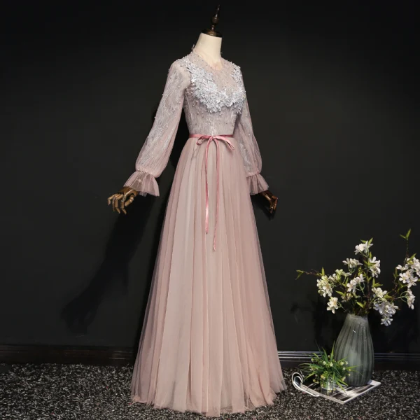 Elegant Blushing Pink Evening Dresses  2020 A-Line / Princess Scoop Neck Pearl Lace Flower Long Sleeve Backless Floor-Length / Long Formal Dresses