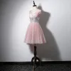 Schön Pink Cocktailkleider 2020 A Linie V-Ausschnitt Pailletten Ärmellos Rückenfreies Kurze Festliche Kleider