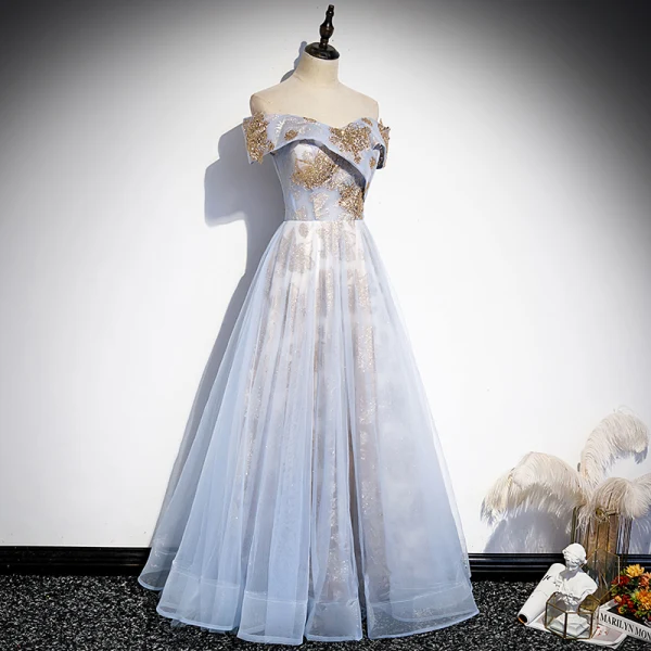 Élégant Bleu Ciel Glitter Paillettes Robe De Bal 2021 Princesse De l'épaule Manches Courtes Dos Nu Longue Robe De Ceremonie