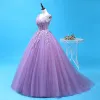 Chic / Beautiful Lavender Quinceañera Prom Dresses 2018 Ball Gown Lace Appliques Crystal Sash Sequins V-Neck Backless Sleeveless Floor-Length / Long