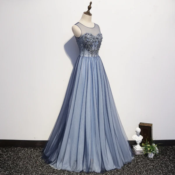 Elegant Sky Blue Evening Dresses 2020 A-Line / Princess Scoop Neck Crystal Sequins Lace Flower Sleeveless Backless Floor-Length / Long Formal Dresses
