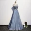 Elegant Sky Blue Evening Dresses  2020 A-Line / Princess Scoop Neck Crystal Sequins Lace Flower Sleeveless Backless Floor-Length / Long Formal Dresses