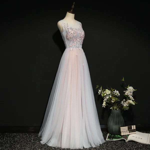Chic Rougissant Rose Robe De Soirée 2020 Princesse Encolure Dégagée Perle Faux Diamant En Dentelle Fleur Sans Manches Dos Nu Longue Robe De Ceremonie