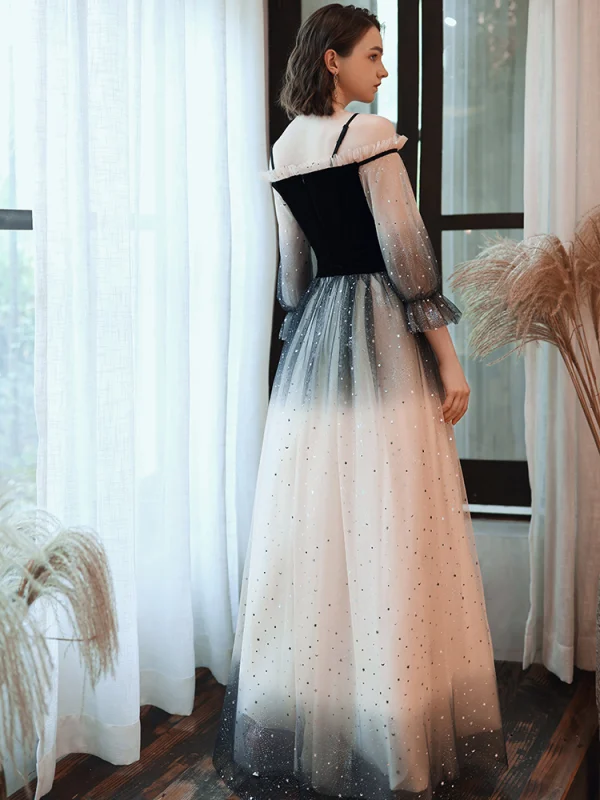 Fashion Black Champagne Gradient-Color Evening Dresses 2020 A-Line / Princess Off-The-Shoulder Star Sequins Long Sleeve Backless Floor-Length / Long Formal Dresses