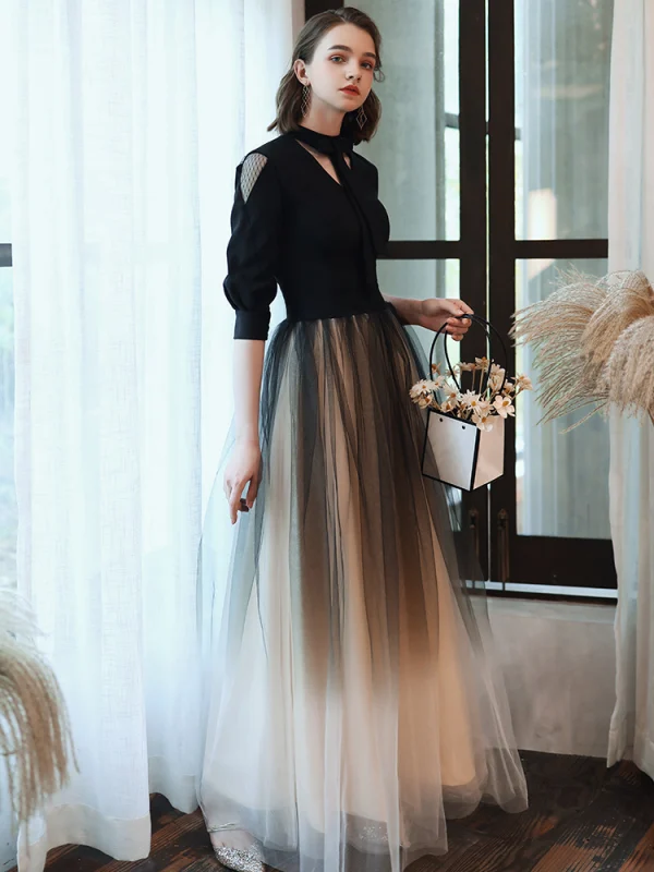 Fashion Black Gradient-Color Evening Dresses  2020 A-Line / Princess V-Neck Bow 1/2 Sleeves Floor-Length / Long Formal Dresses