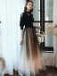 Fashion Black Gradient-Color Evening Dresses  2020 A-Line / Princess V-Neck Bow 1/2 Sleeves Floor-Length / Long Formal Dresses