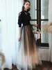 Mode Schwarz Farbverlauf Abendkleider 2020 A Linie V-Ausschnitt Schleife 1/2 Ärmel Lange Festliche Kleider
