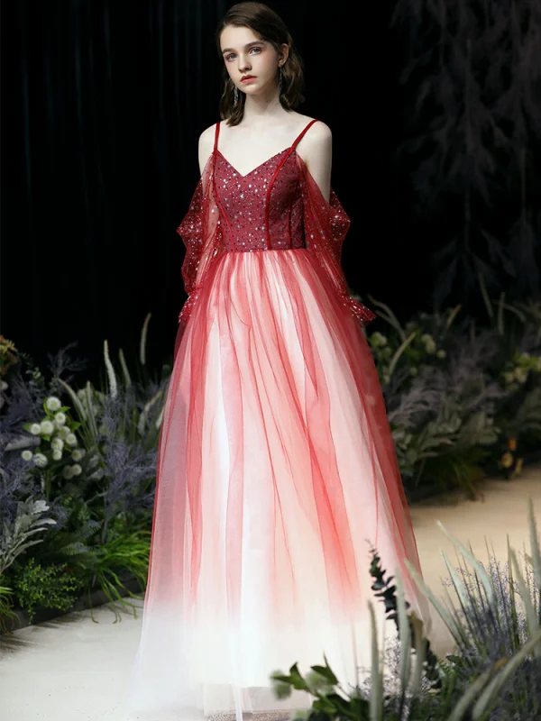 Mode Dégradé De Couleur Rouge Robe De Soirée 2020 Princesse Bretelles Spaghetti Perlage Paillettes 3/4 Manches Dos Nu Longue Robe De Ceremonie