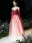 Mode Dégradé De Couleur Rouge Robe De Soirée 2020 Princesse Bretelles Spaghetti Perlage Paillettes 3/4 Manches Dos Nu Longue Robe De Ceremonie