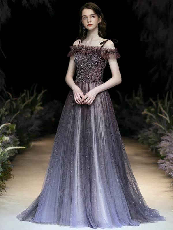 Charmant Glanz Violett Abendkleider 2020 A Linie Spaghettiträger Perlenstickerei Strass Pailletten Ärmellos Rückenfreies Sweep / Pinsel Zug Festliche Kleider