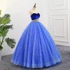 Elegant Royal Blue Quinceañera Prom Dresses 2018 Ball Gown Embroidered Pearl Suede Sweetheart Backless Sleeveless Floor-Length / Long Formal Dresses