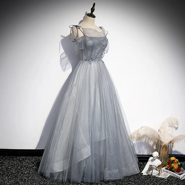 Elegant Grey Rhinestone Prom Dresses 2021 A-Line / Princess Spaghetti Straps Sleeveless Backless Floor-Length / Long Formal Dresses