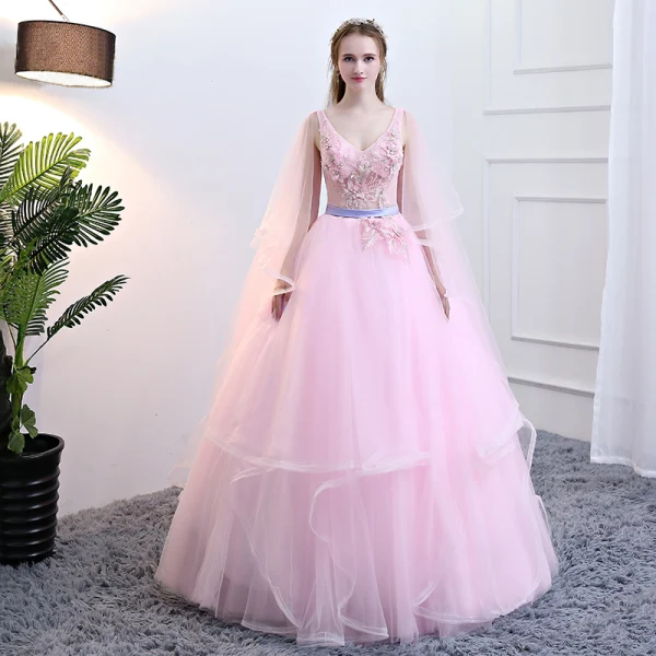Chic / Beautiful Candy Pink Quinceañera Prom Dresses 2018 Ball Gown Appliques Pearl Sash Cascading Ruffles V-Neck Sleeveless Backless Floor-Length / Long Formal Dresses