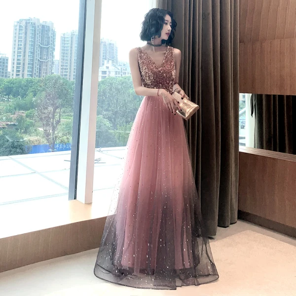 Fashion Candy Pink Evening Dresses  2020 A-Line / Princess Star Sequins V-Neck Sleeveless Backless Floor-Length / Long Formal Dresses