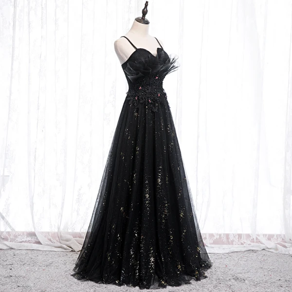 Charmant Noire Robe De Soirée 2020 Princesse Bretelles Spaghetti Paillettes Faux Diamant En Dentelle Fleur Sans Manches Dos Nu Longue Robe De Ceremonie