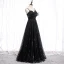 Charmant Noire Robe De Soirée 2020 Princesse Bretelles Spaghetti Paillettes Faux Diamant En Dentelle Fleur Sans Manches Dos Nu Longue Robe De Ceremonie