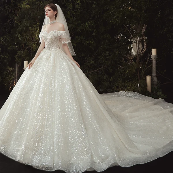 Luxury / Gorgeous Champagne Wedding Dresses 2020 Ball Gown Off-The-Shoulder Appliques Beading Sequins Lace Flower Short Sleeve Backless Royal Train