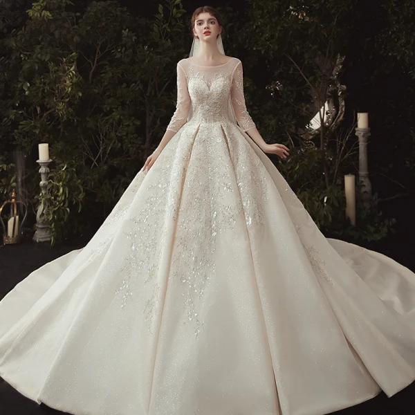 Luxury / Gorgeous Champagne Wedding Dresses 2020 Ball Gown Scoop Neck Beading Sequins Lace Flower Appliques 3/4 Sleeve Backless Royal Train